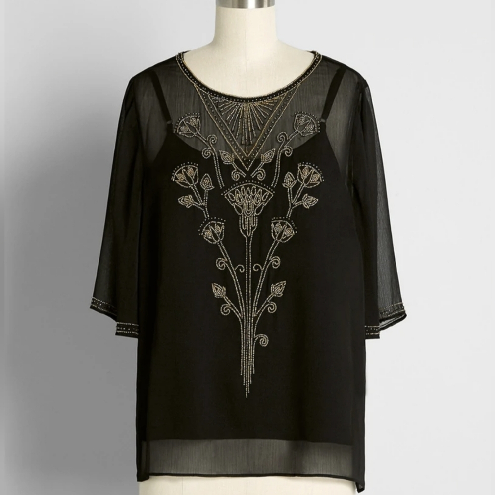🎉 SALE 🎉NWT Modcloth Black Sheer Blouse with Gold Bead Embroidery
